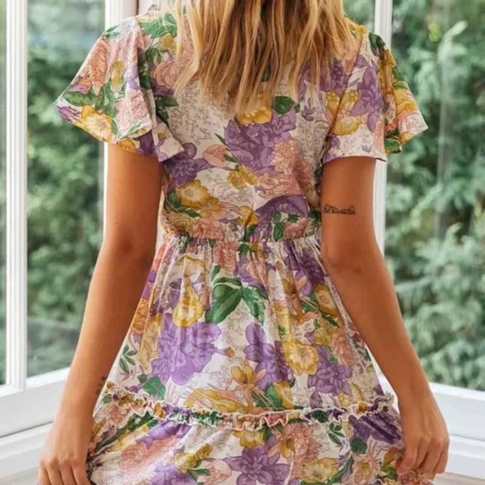 Boho Floral print Plunging Neck Front Tie Dress - Picture 5 of 6